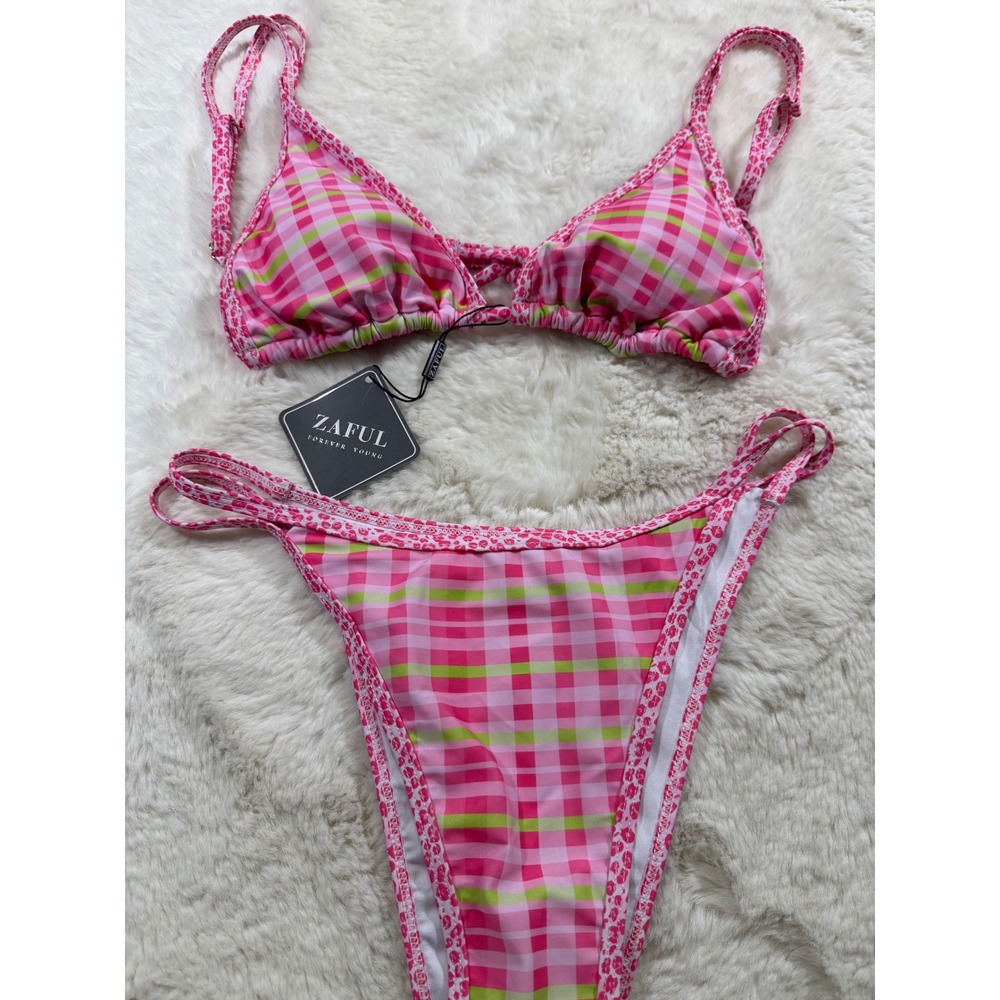 Y2K Bikini Set Pink Gingham Leopard Print Triangle Swimsuit Cutie Barbie Beach M - Picture 2 of 5